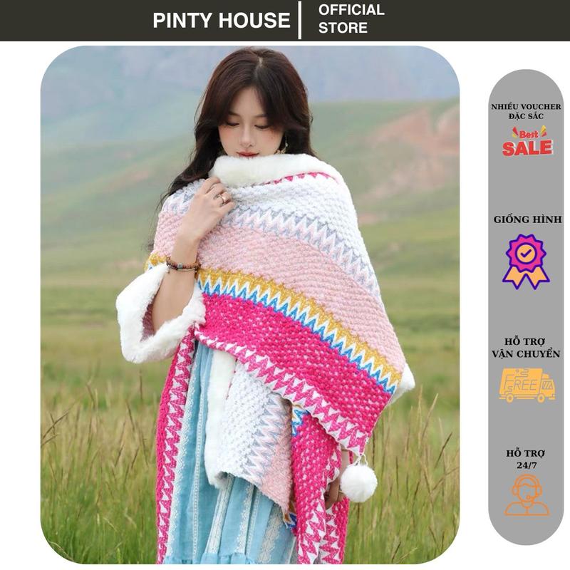 Khăn choàng thổ cẩm lông sang chảnh, áo choàng thổ cẩm lông phong cách Tây tạng Women Quàng Cổ Hoa Len Choàng Cổ khăn choàng  bfb khăn  habibi khăn buộc áo