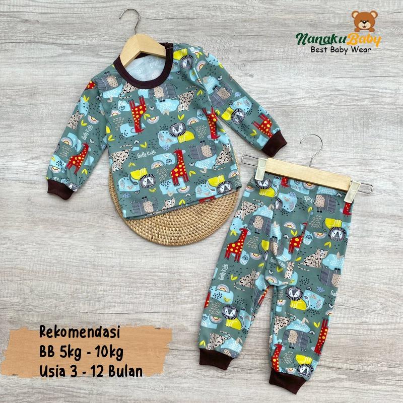 Nanaku Baby - Setelan Baju Bayi Piyama Bayi Lengan Panjang Kancing Pundak Unisexs Motif Printing Gaffy Usia 3-12 Bulan 0