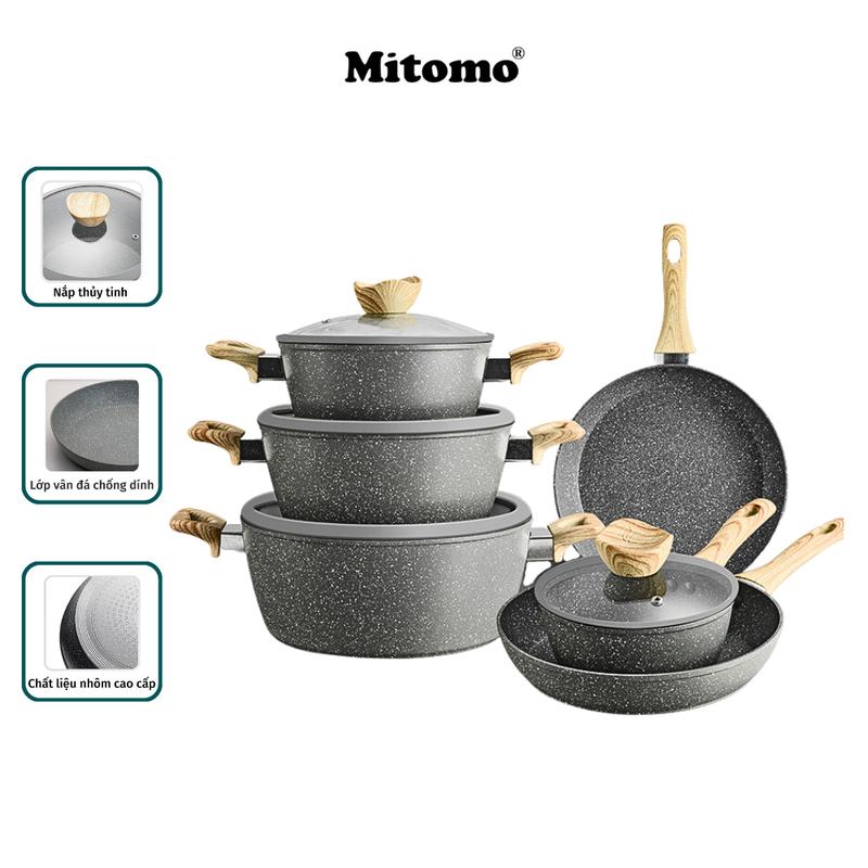 Bộ nồi chảo chống dính vân đá tự nhiên cao cấp 6 món Mitomo Queen Time dùng cho mọi loại bếp - Hàng chính hãng bộ nồi