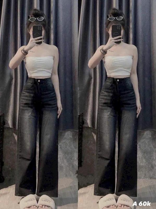 Quần ỐNG xuông ĐEN 0579 NỮ CẠP sieu cao ống rộng tôn dáng chất giầy mền không co dãn Jean Pants