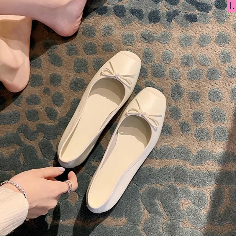 2023 Summer New Style Single Shoes Women Outer Wear Round Toe Shallow Mouth Bow Showing Feet Small Flat All-Match Ballet Shoes Footwear Girl Walking Shoes Running 4