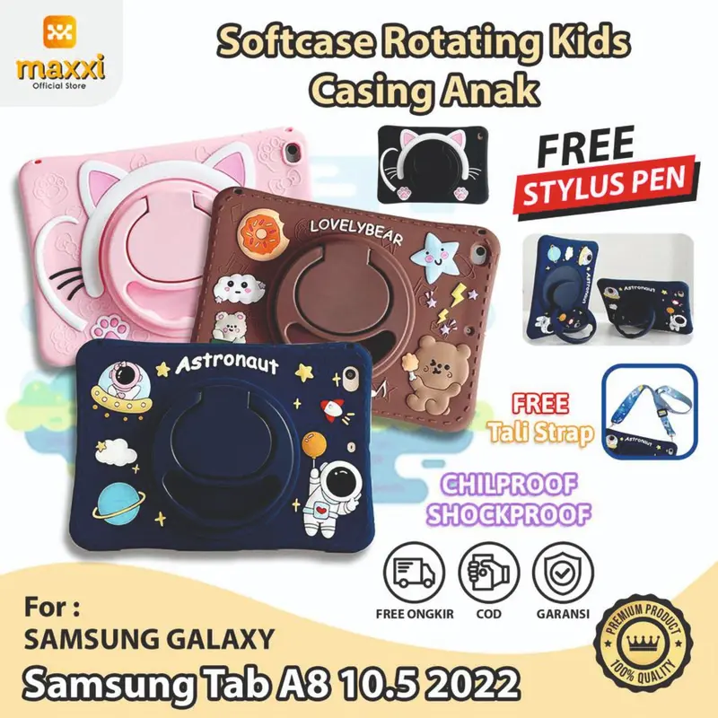 Softcase For Samsung Tab A8 10.5 inch 2022 X205 X200 Kid Kids Casing Rotating Rotate Case Cover Cute Kesing Anak Karakter Lucu Pelindung Tablet Free Tali Selempang Akrilik Acrylic Trifold Flipcase Bookcover Sticker Stiker 0