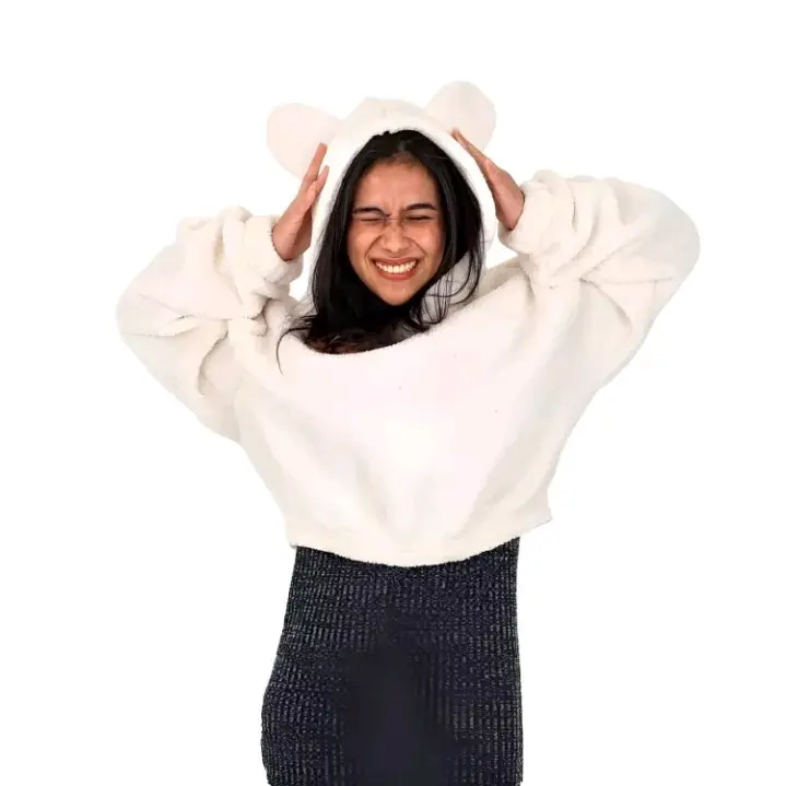 Hoodie Crop Oversize Sherpa Bulu Wanita Casual 1