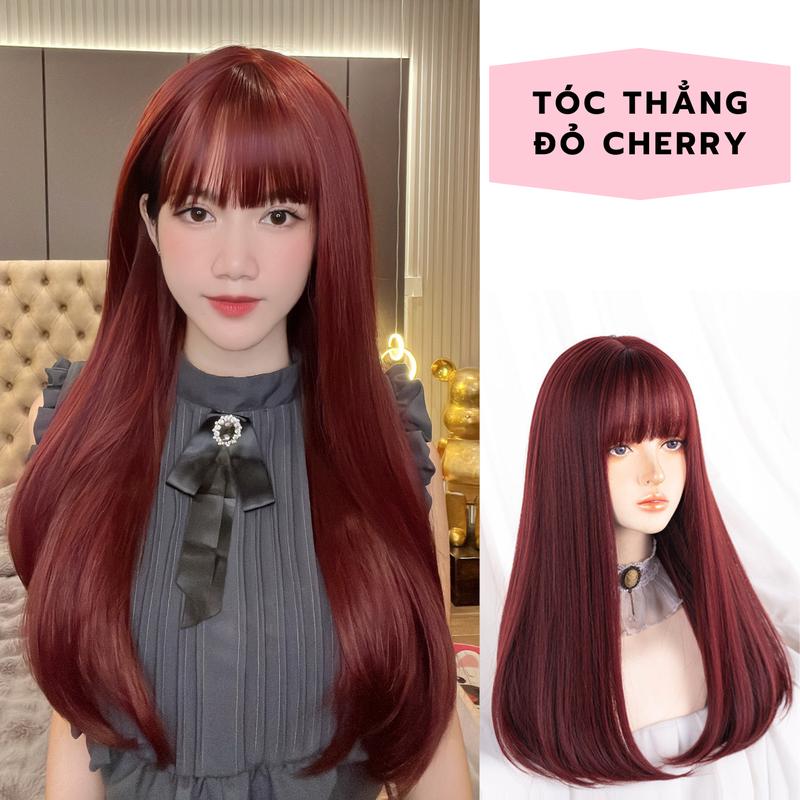 Tóc Giả Nguyên Đầu - Chịu Nhiệt: YD2068 Dài Thẳng Đỏ Cherry 60cm (Kèm Lưới Trùm)