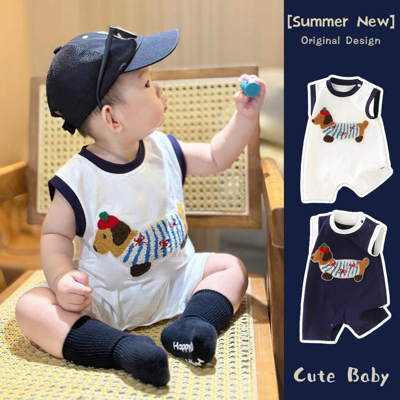 Quần Áo Trẻ Em, Hàng Mới Về Mùa Hè, Dành Cho Bé Trai Và Bé Gái, Quần Bó Không Tay Mỏng, Làm Bằng Bông, Thoải Mái, Thiết Kế Cún chó Con Hoạt Hình, Thích Hợp Cho 0-24 Tháng, Áo Liền Quần Cho Em Bé Phong Cách Hàn Quốc