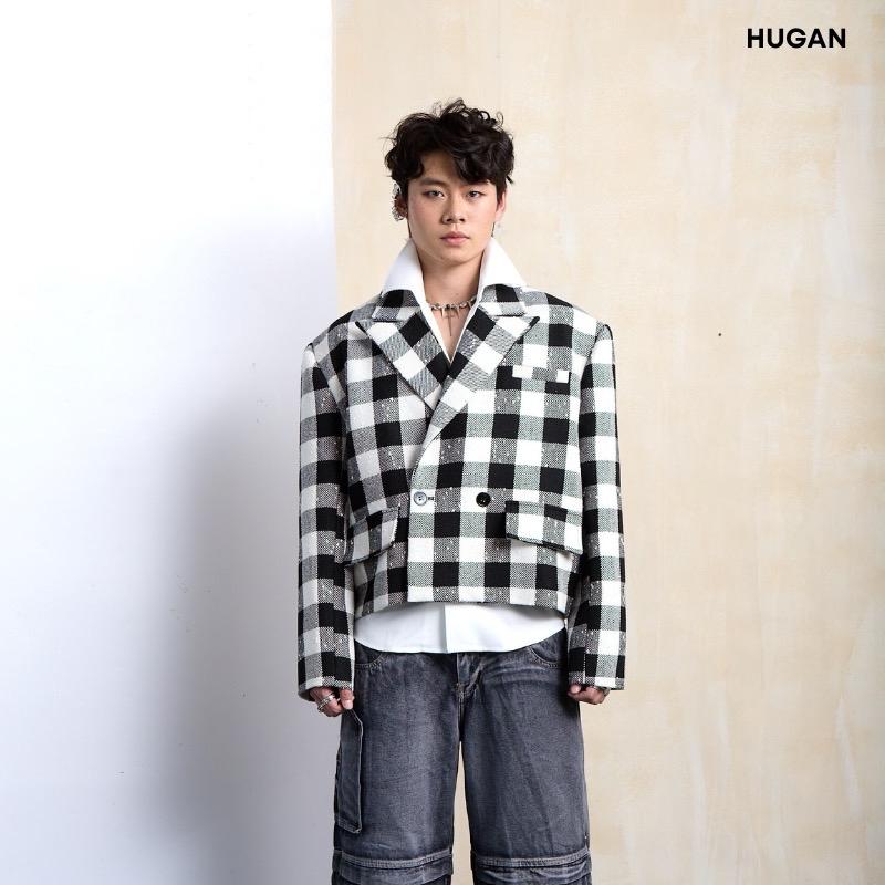 Áo Blazer nam thiết kế Croptop chất liệu dạ tweed kẻ CARO thương hiệu HUGAN STORE HG11