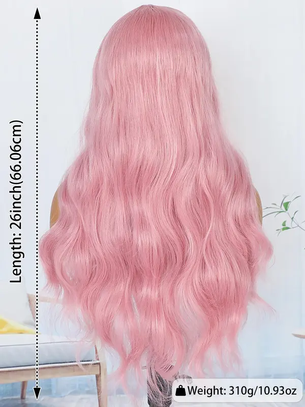 26 Inch Pink Long Wavy Wigs for Women, Gorgeous Fluffy Wigs without Bangs, Synthetic Wigs for Party, Daily Use 1