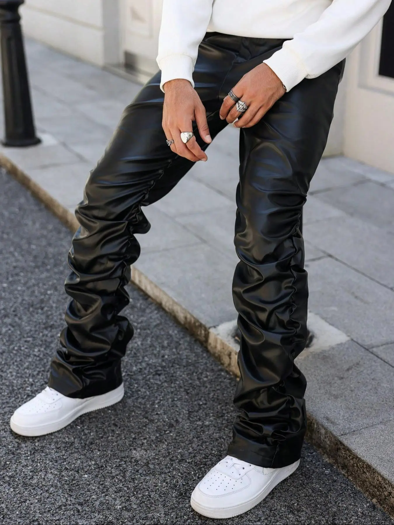 Men's Solid Color PU Leather Pants, Street Fashion Casual Comfy Straight Leg Trousers for Daily Outdoor Wear, Mens Bottoms for Summer