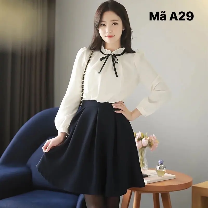 Áo sơ mi trắng tay dài phối nơ đơn cổ bèo nhúm phong cách Hàn Quốc