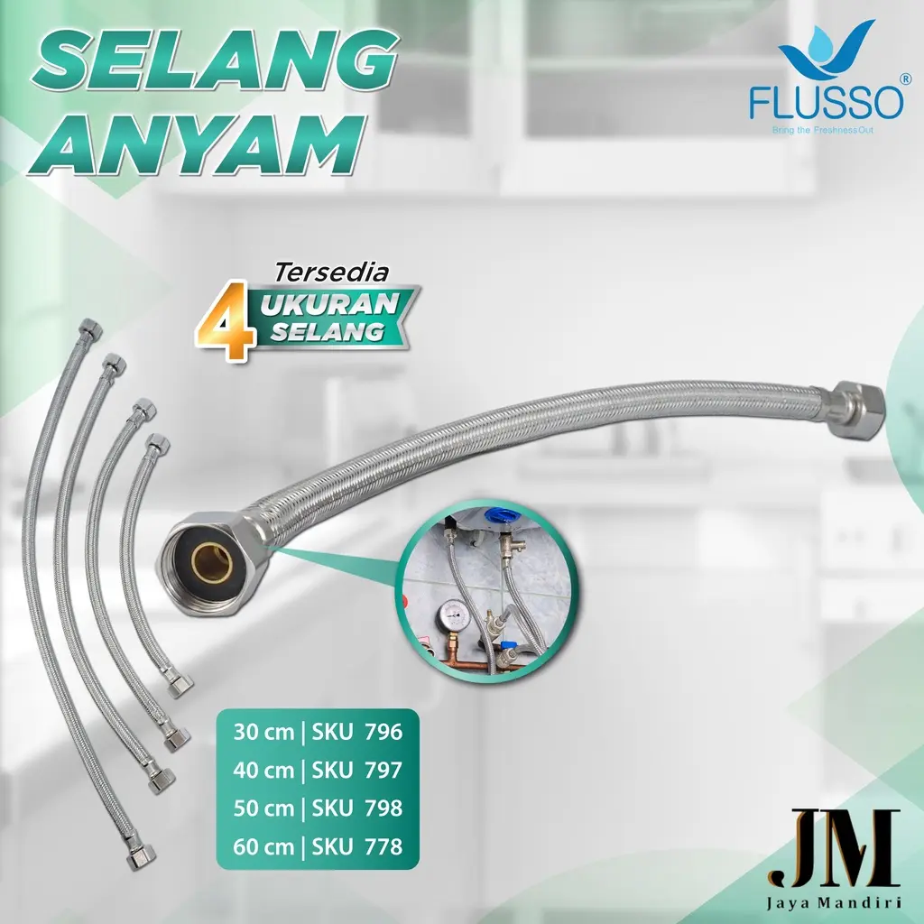 Flusso Selang Anyam Flexible Water Heater Drat Kuningan Ukuran 30, 40, 50, 60 cm | 796