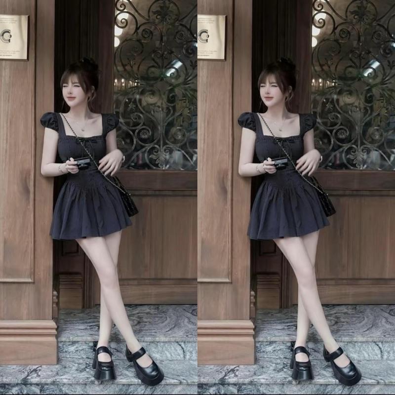 Váy Cổ Vuông Xinh Xắn️ Kẻ Nơ Xanh Than Tay Bồng - DinhLanAnhStore 4