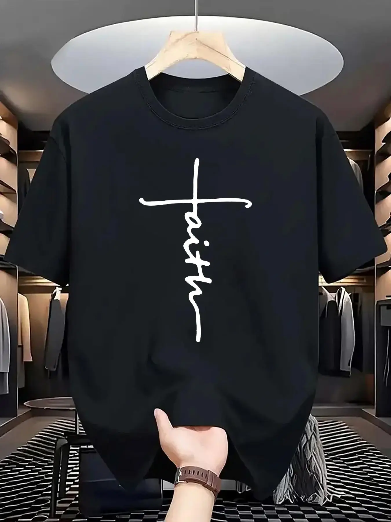 Men's Faith Letter Print Round Neck Tee, Regular Fit Casual Comfy Short Sleeve Crew Neck T-shirt for Summer, Fashion Men's Top for Daily Wear