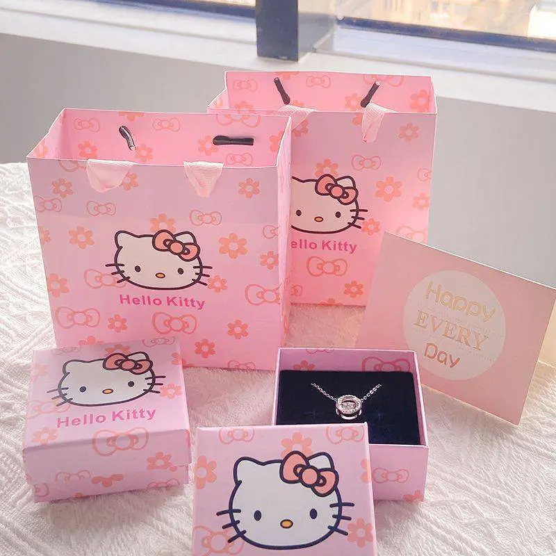 Bộ quà tặng mèo Kitty, bao gồm vòng tay, Nhẫn và túi bọc, thích hợp cho các cô gái, Lý Tưởng cho quà tặng ngày lễ tình nhân, hộp đồ trang sức, quà sinh nhật