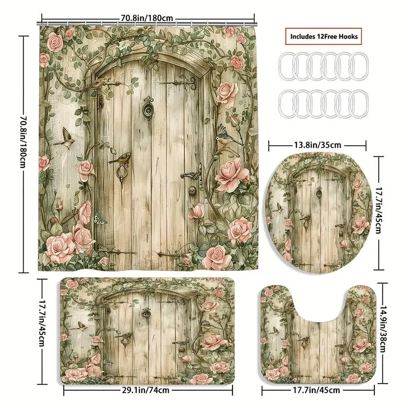 Rose Secret Door Pattern Bathroom Decorations, 4 Counts/set Including Shower Curtain & Toilet U-shape Mat & Bathroom Mat & Toilet Lid Cover, Bathroom Accessories 1