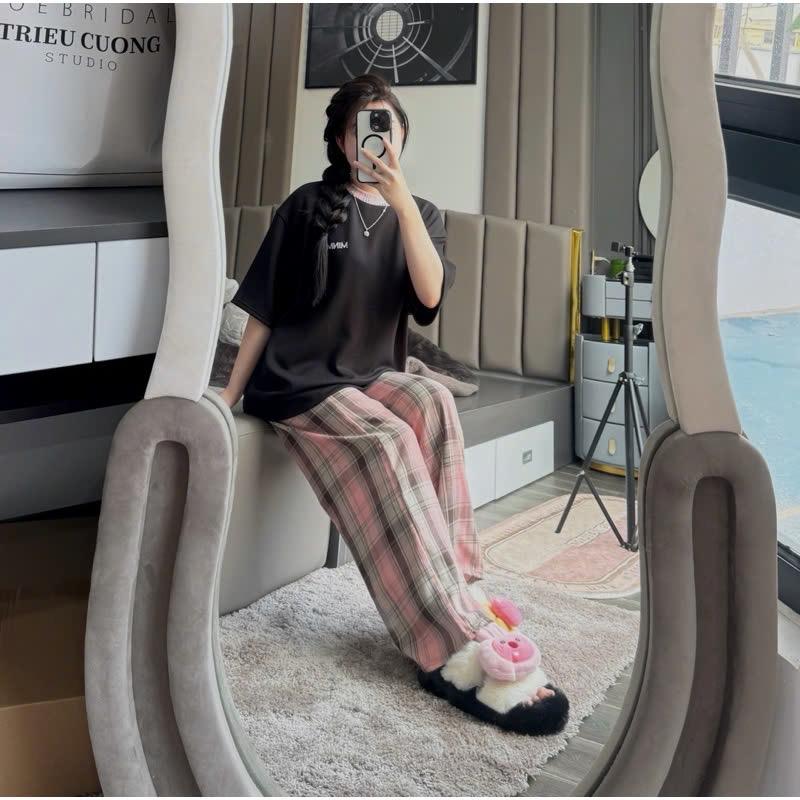 Set bộ áo thun cổ tròn phối quần dài dáng suông màu xanh than phối cam freesize phong cách trẻ trung, cá tính