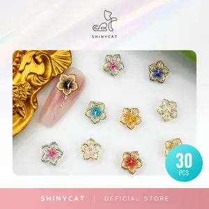 Shinycat 30pcs Hiasan Kuku Es Kristal Bunga Bingkai Emas Warna-warni Flower Aksesori Nail Art Manicure