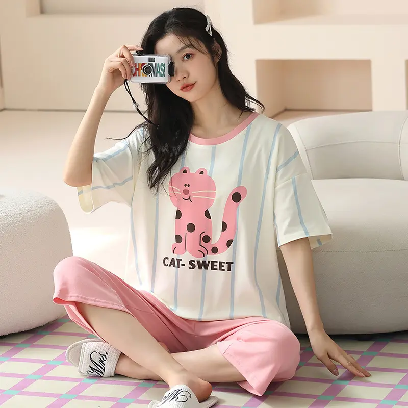 Bộ Đồ Ngủ Nữ, Chất Liệu Cotton Mùa Hè, Ngắn Tay, Quần Cropped Xén, Ngoại Cỡ (100,00kg), Cổ Tròn, Bộ Đồ Mặc Nhà