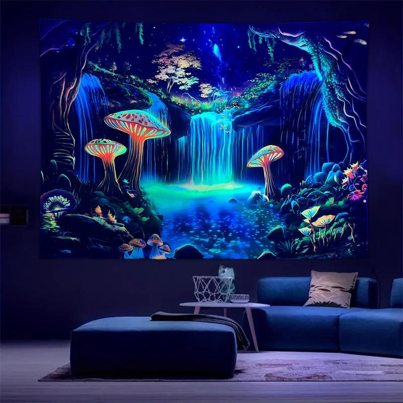 Product Introduction of Fluorescent Mushroom Forest Pattern Tapestry, 1 Count UV Responsive Decorative Hanging Tapestry, Wall Hanging Decor for Home Living Room Bedroom, Home Decor 11