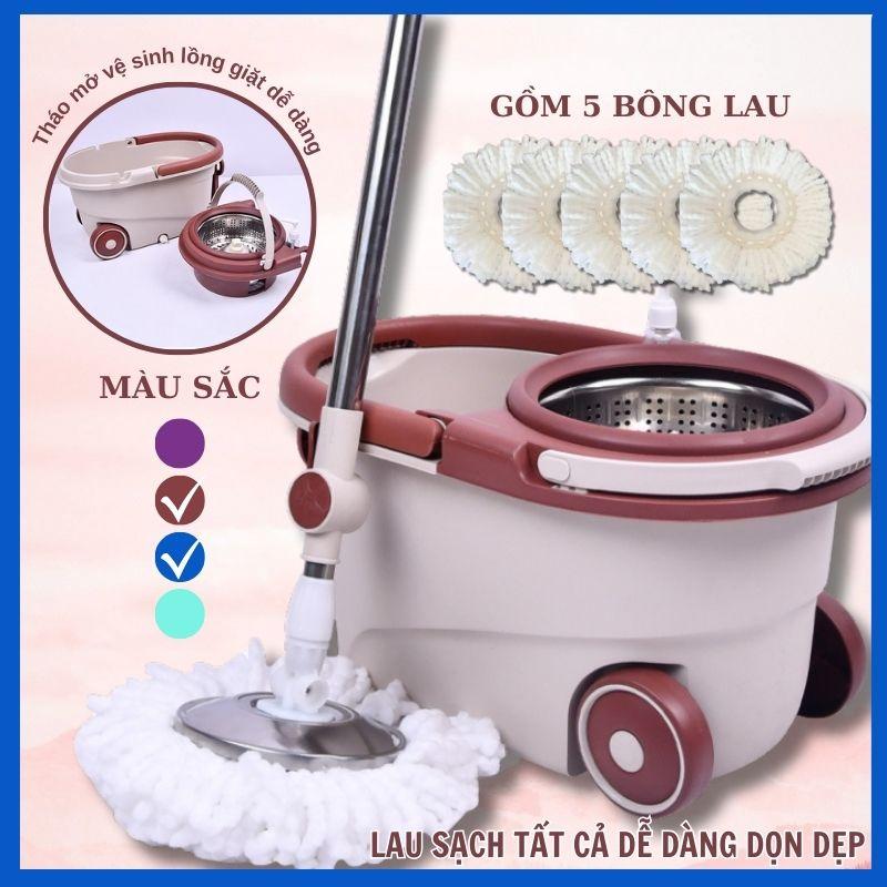 Bộ Chổi Lau Nhà Tự Vắt 360 Độ Kèm 5 Bông Lau, Thùng Lau Công Nghệ Ổ Quay Đĩa Kép Mới, Bánh Xe Di Chuyển To Lau Sàn Cây Lau Nhà