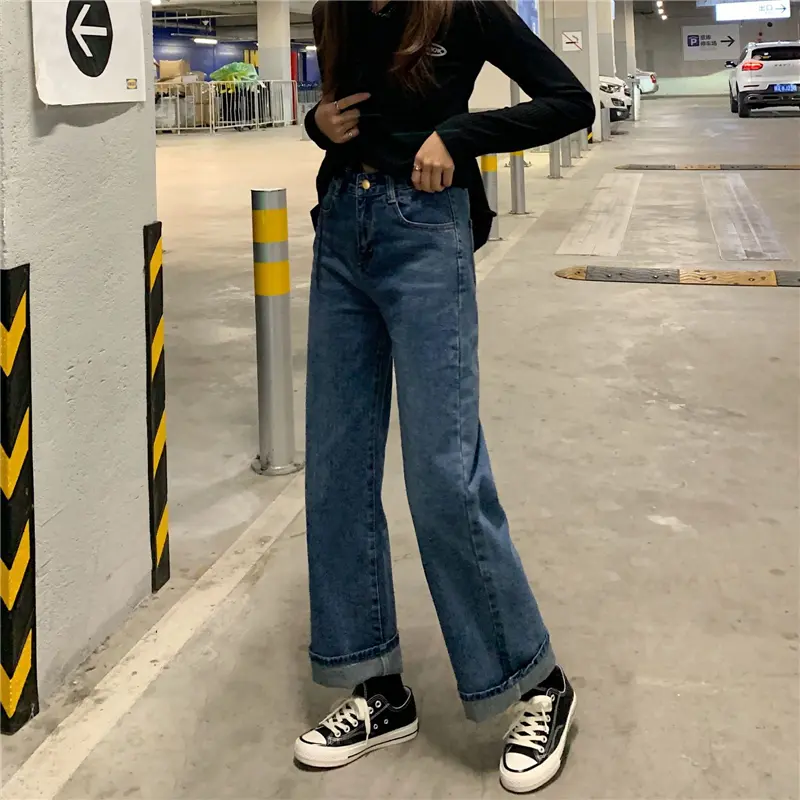 Korean style biru laut vintage loose straight high waist celana jeans wanita(gambar fisik)--8093 4