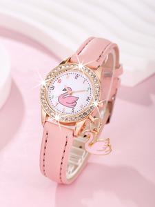 Kid's Cute Cartoon Swan Pattern Quartz Watch, Fashionable PU Leather Strap Rhinestone Decor Wristwatch for Girls, Exquisite Watch for Gift, without Box