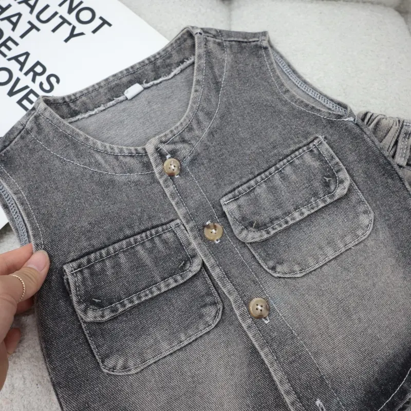 Bộ quần áo  BA LỖ JEAN MỀM cổ tròn màu xám bạc cho bé từ 8-30kg 7