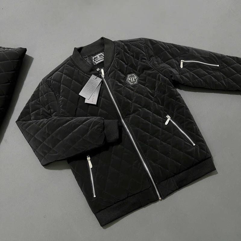 Áo khoác phao bomber  Philipp Plein nhung lì trần trám thêu logo kim loại ngực 3 lớp