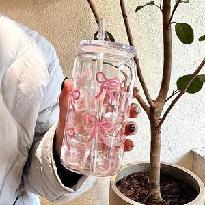 Botella de agua con diseño de moño, 1 pieza, vaso con tapa y popote, vaso para té, jugo, leche, vajilla para oficina, restaurante, aula, picnic, fiesta