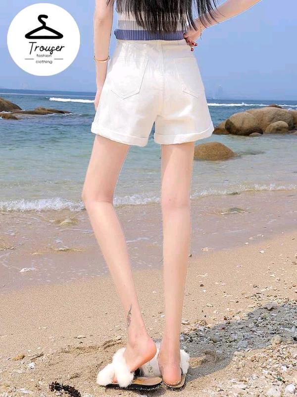 Quần short jean nữ ống rộng lưng cao gập gấu 3 màu đen, be, trắng vải jean kaki dày dặn không phai màu 2