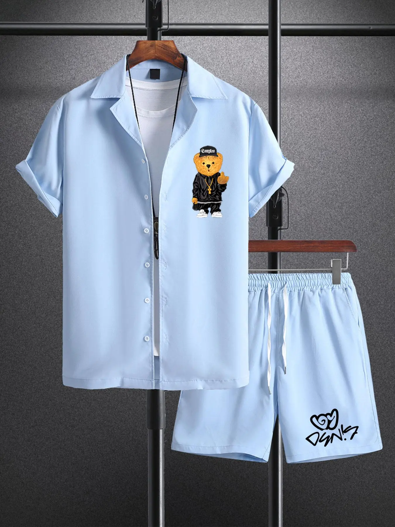 Two-Piece Set Men's Bear Print Short Sleeve Shirt & Letter Print Shorts, Regular Fit Casual Button Down Collared Top & Shorts, Men's Summer