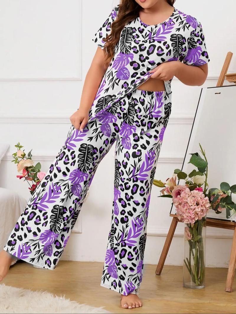 Product Introduction of 2 Pieces Plus Size All Over Print Pyjama Set, T-shirt & Trousers Two-piece Pj Set, Plus Size Clothing for Daily Home Wear, Casual Pyjamas for Women, Women's Sleepwear, Lounge Set for Women, Summer Clothes Women, Pajamas Sets Women 17