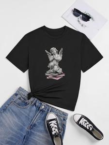ImprinTee Women's Angel Sculpture & Book Print Round Neck Tee, Casual Short Sleeve Crew Neck T-shirt for Daily Wear, Ladies Clothes for All Seasons