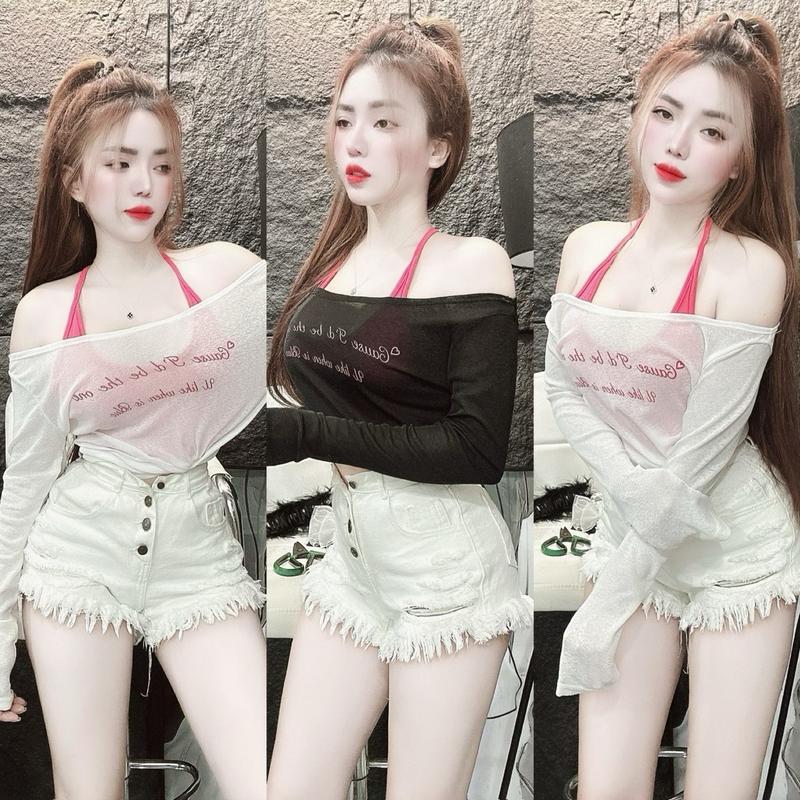 Combo áo cổ yếm + áo lưới bẹt vai có in chữ