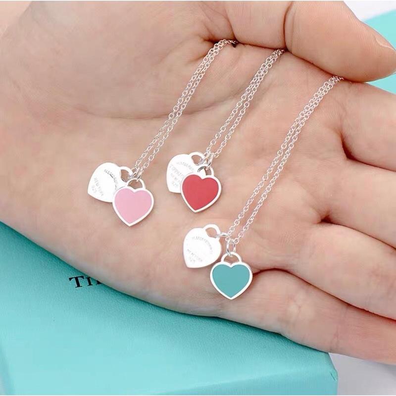 Vòng Cổ Hình Trái Tim, Dành Cho Nữ, Men Trái Tim Màu Đỏ Và Xanh Dương, Dây Chuyền Xương Đòn, Mặt Dây Chuyền Hình Trái Tim Đôi, J339 1