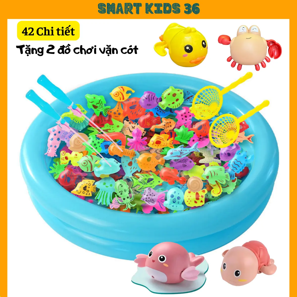 Bộ Câu Cá Nam Châm 42 chi tiết kèm phao, đồ chơi mùa hè cho bé, Bể câu cá đầy đủ 2 xô, 1 phao, 2 cần, 34 sinh vật biển Bộ đồ chơi nuôi cá trẻ em Kem