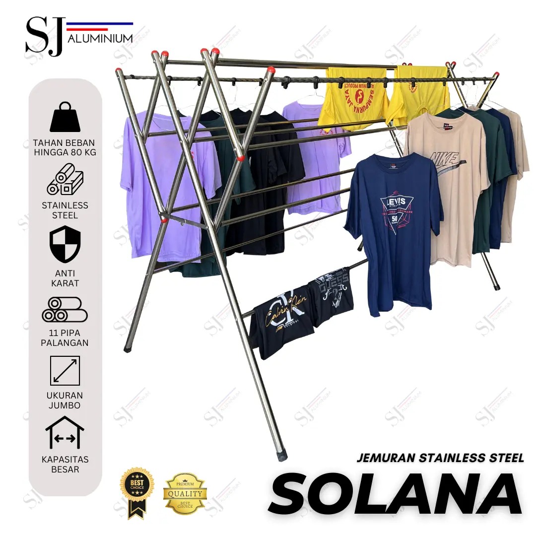 SOLANA - Jemuran Pakaian / Baju Rak Handuk Stainless Steel Jumbo - Palang 11 - 186 CM / 1,86 M
