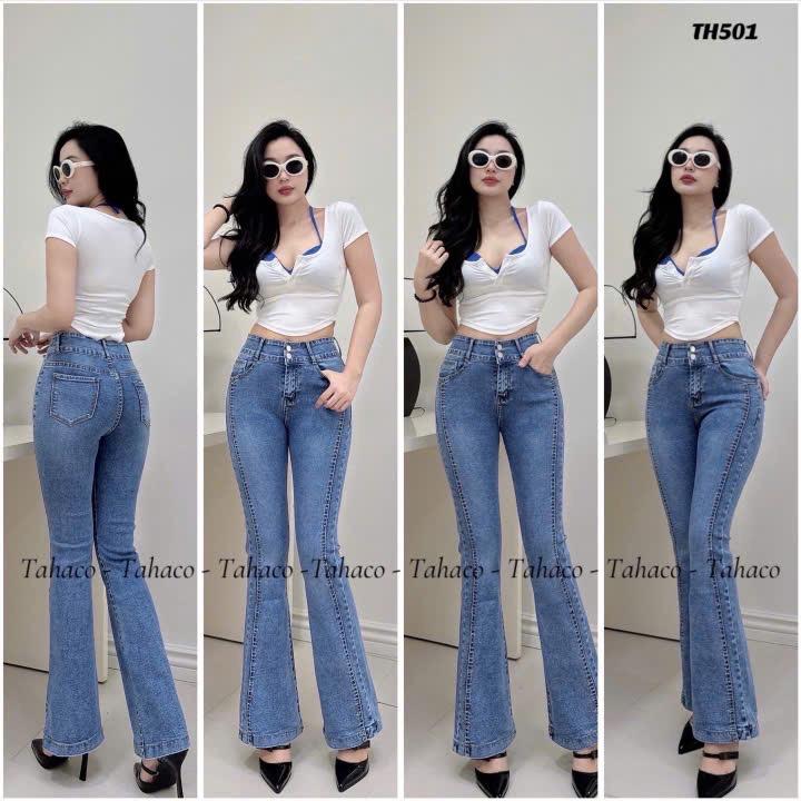 Quần jean nữ loe thiết kế đường sườn dọc, màu xanh nhạt