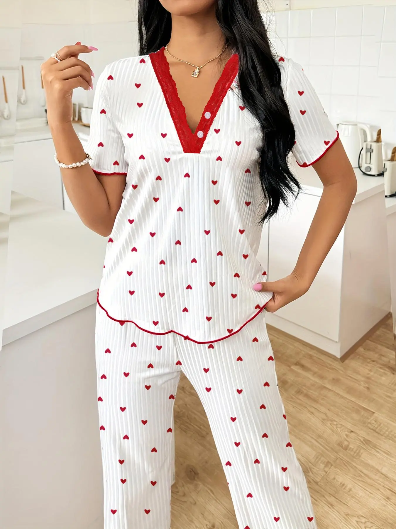 Women's Heart Print Lace Trim Top & Pants Loungewear Two-piece Set, Casual Comfy V Neck Short Sleeve Top & Pants Pj Set, Ladies Sleepwear for Fall & Winter