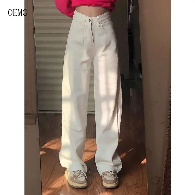 OEMG White Jeans Women's Small Loose High Waist Slimming Straight Wide-Leg Pants Summer New Design Sense Trousers