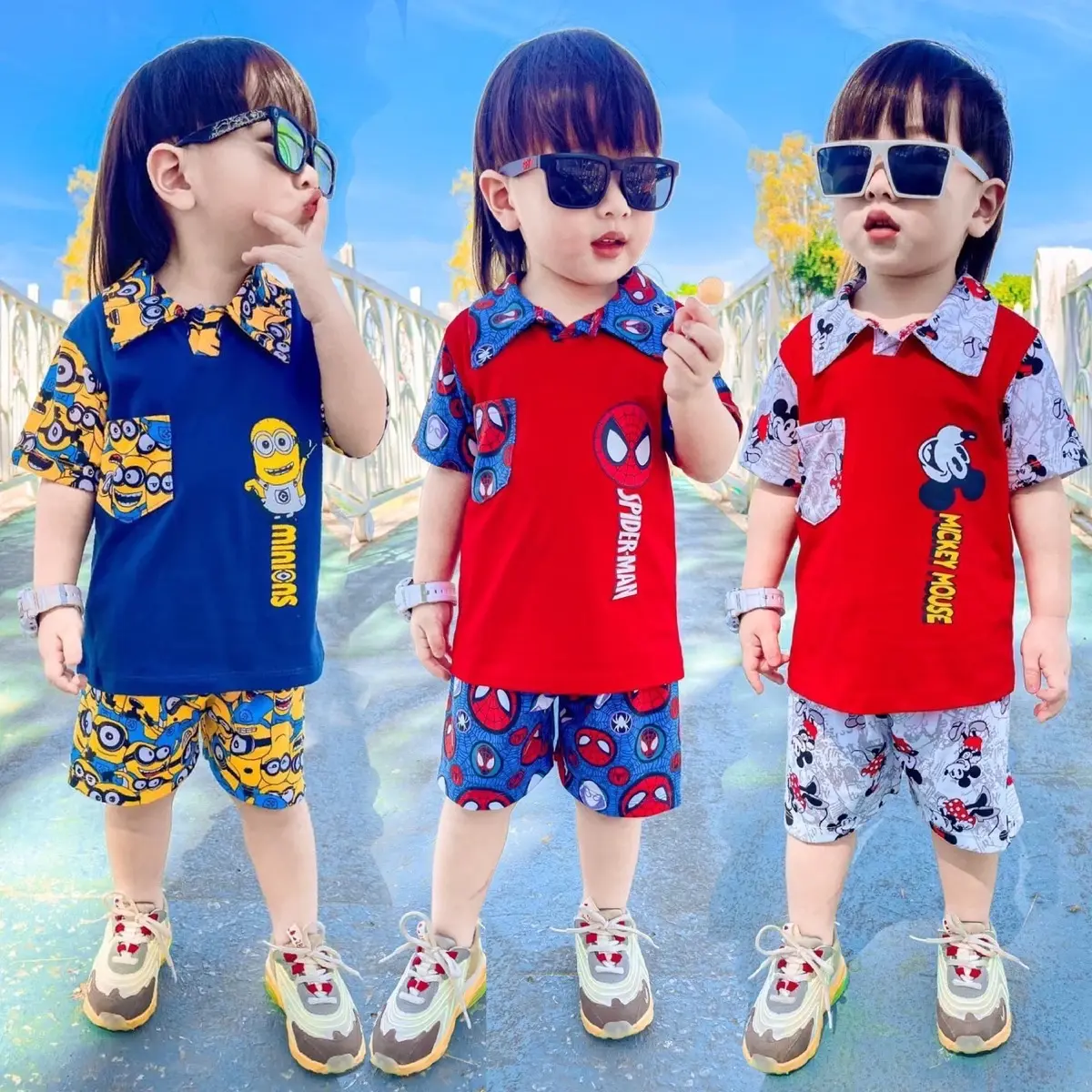ชุดเซ็ทรุ่นคอปก(ผ้าพิมพ์ลาย) เสื้อแขนสั้น+กางเกงขาสั้น ชุดเด็ก ลายซุปเปอร์ฮีโร่ การ์ตูน ผ้าCotton100%