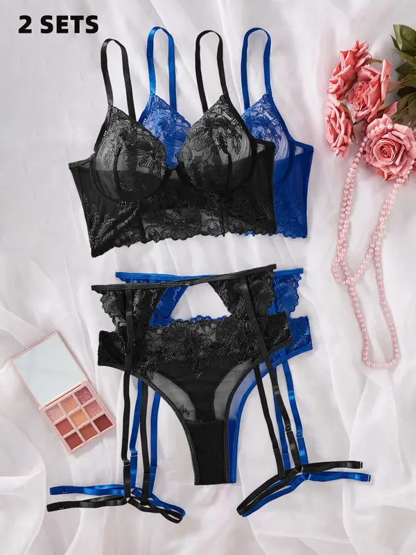 Women's Solid Lace Sexy Lingerie Three-Piece Set, Push Up Bra & Thong & Garter Belt Set, Soft Comfy Breathable Lingerie Set for Women 6