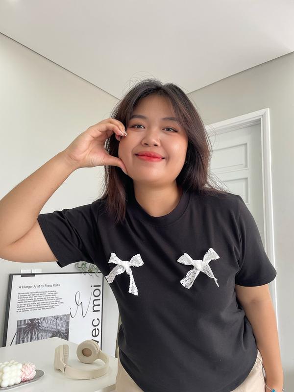 Miabigsize - Áo phông nữ form baby tee Cổ Tròn phối hai nơ bigsize 90kg