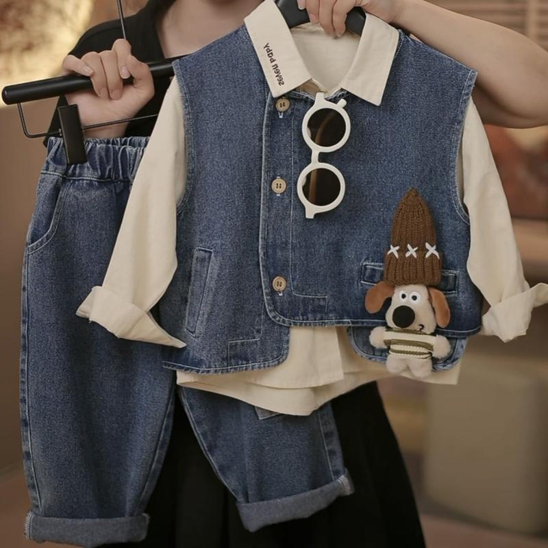 Bộ Quần Áo Mùa Thu, Cho Bé Trai, Bộ Sưu Tập Mùa Xuân Và Mùa Thu 2024, Áo Vest Denim Phong Cách Phương Tây Cho Trẻ Em Mới, Quần Áo Ba Mảnh, Thời Trang Phổ Biến