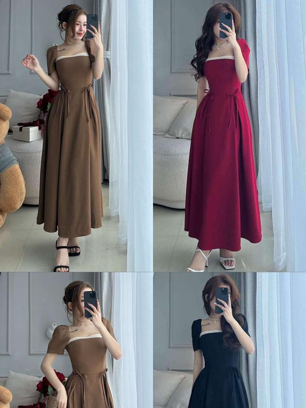 Váy nơ eo cổ vuông chiết eo thanh lịch t10