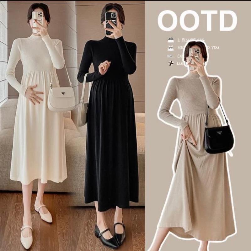 Váy Len Bầu, Váy len cổ lọ 3 phân dáng xòe dài len gân đẹp Thu Đông công sở, dự tiệc cho Mom Nữ Dress