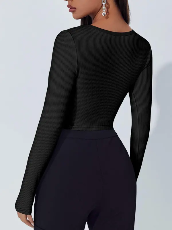 Women's Solid Long Sleeve Crop Tee, Casual Comfy Ribbed T-shirt for Daily Wear, Ladies Clothes for All Seasons 8