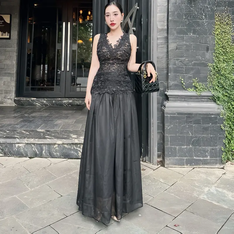 Sét thiết kế - Sét áo ren hoa phối chân váy xoè nhún dáng dài 1337-CN Women Nữ Top Nhung Viền Ren 8
