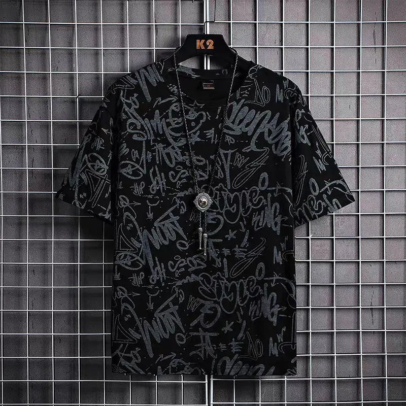 Graffiti T-Shirt Men's Summer Thin plus Size Short Sleeve Loose Overweight Man's Letter Printed Half Sleeve T-Shirt Top Clothes