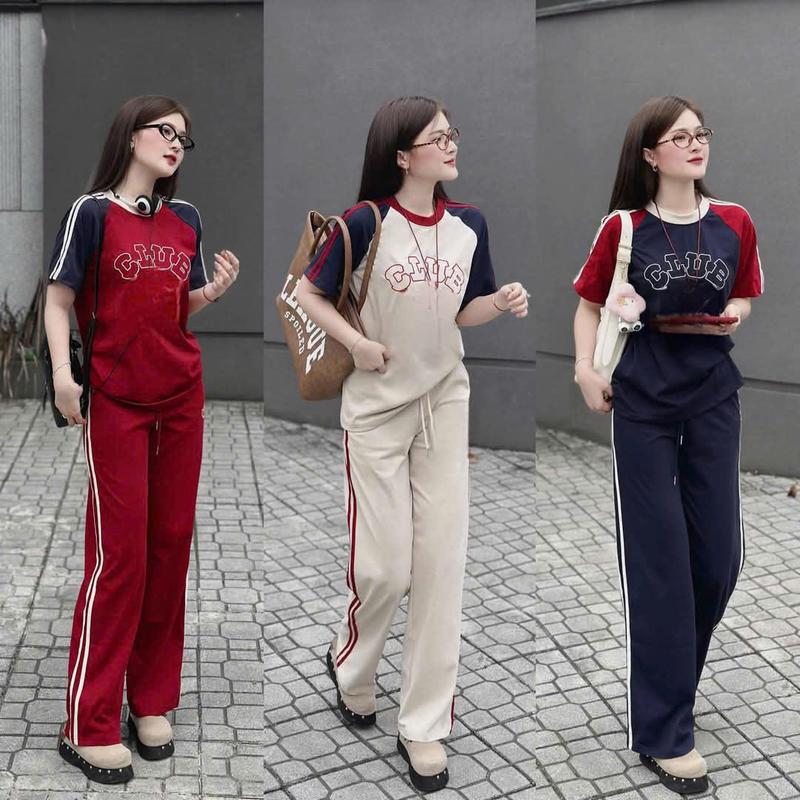 Set Bộ Phối Màu Chạy Sọc Nổi in chữ CLUB  chất cotton cổ bo dệt quần cạp chun co giãn có dây rút có túi phong cách thể thao năng động 2025 top 0