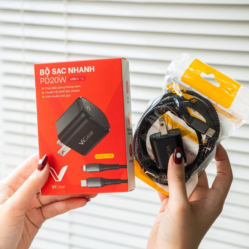 Sạc nhanh dành cho iPhone 20w: dây dài 1.5m, C to L, C to C, sạc nhanh từ iP X - 16 Pro Max, dây bọc dù, củ sạc GAN 20W - ViGEAR